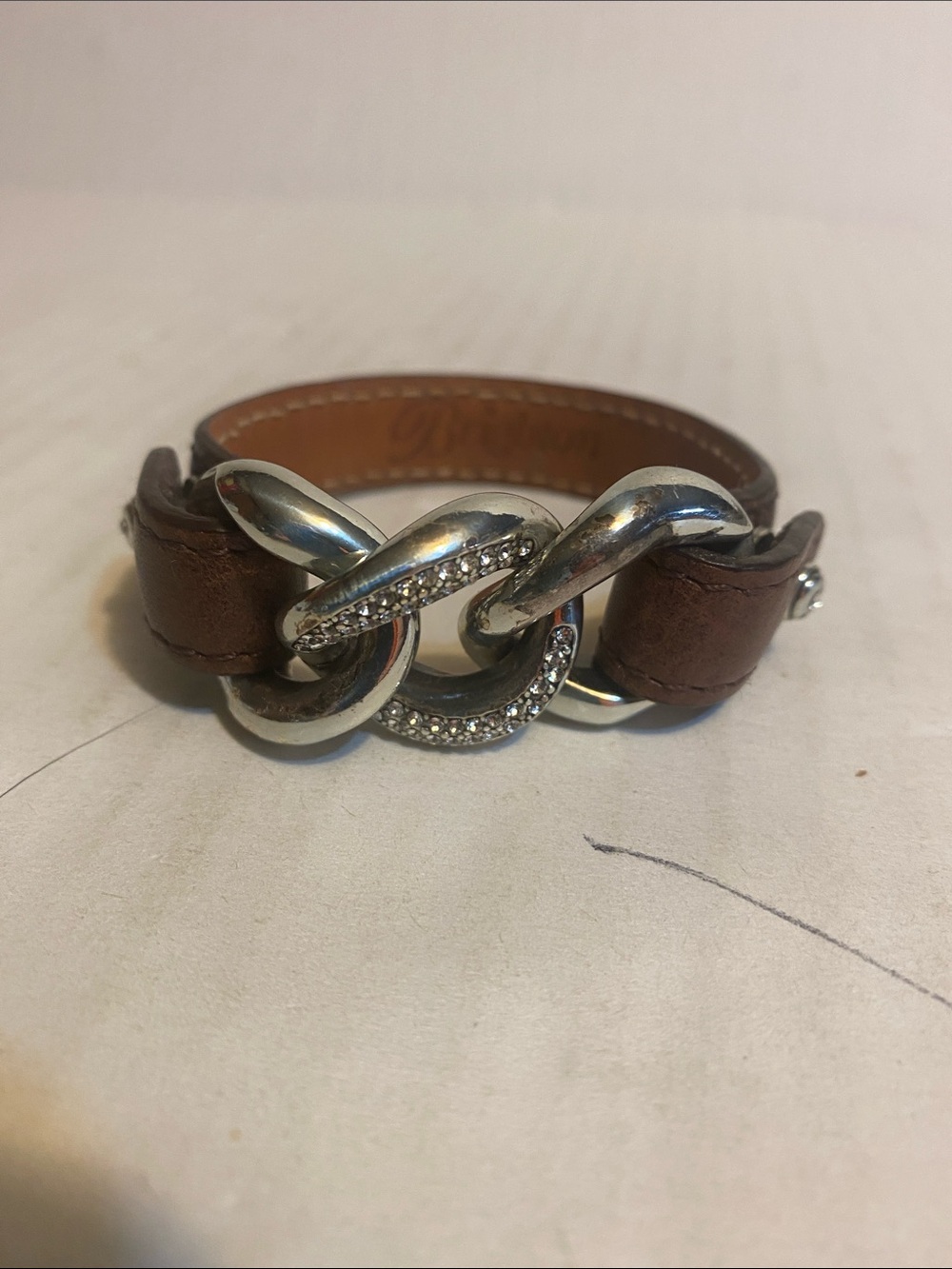 Brighton Brown Leather Bracelet with Silver Crystal-Link Accent